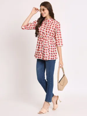 Conversational Printed Mandarin Collar Gathered Regular Top