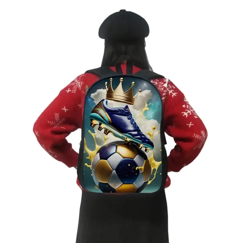 Cool Golden Soccer with Crown Print Backpack Football Sport Rucksack