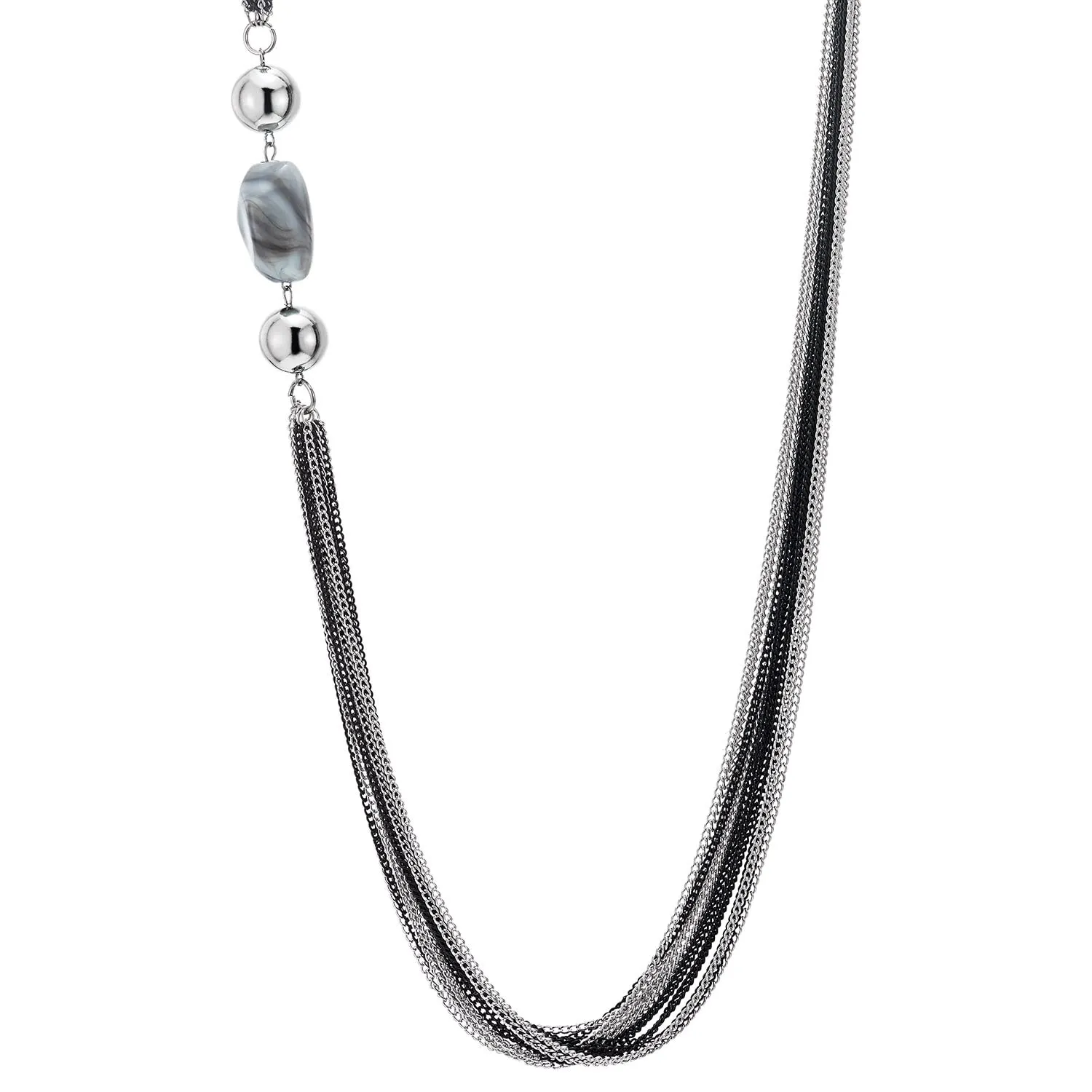 COOLSTEELANDBEYOND Bead Statement Necklace, Silver Black Multi-Strand Layered Long Chains, Silver Balls and Mable Resin