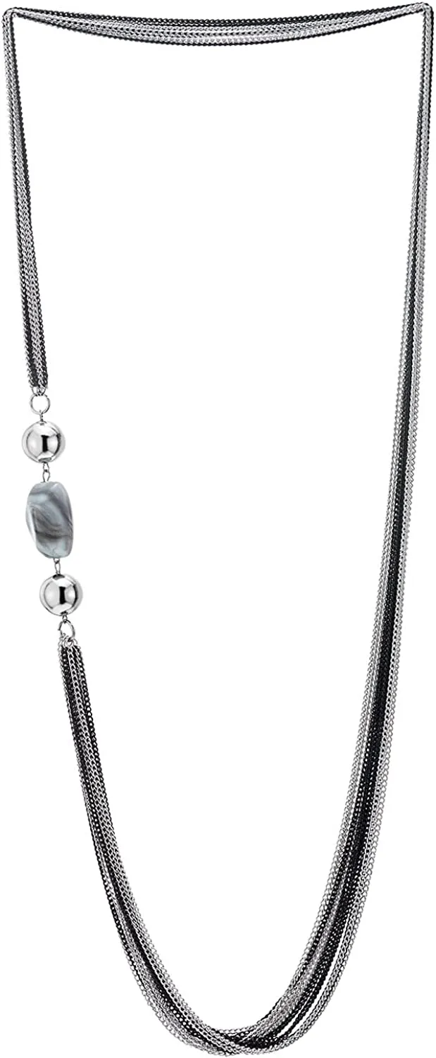 COOLSTEELANDBEYOND Bead Statement Necklace, Silver Black Multi-Strand Layered Long Chains, Silver Balls and Mable Resin