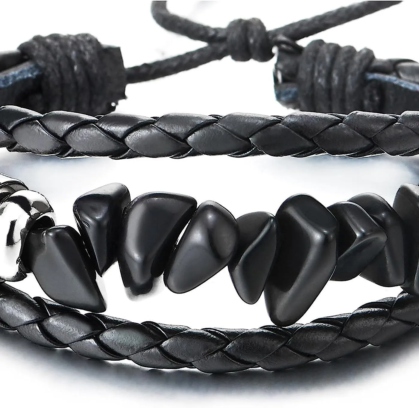 COOLSTEELANDBEYOND Black Leather Charm Bracelet with Bead Strings Multi-Strand Mens Womens Wrap Bracelet Wristband