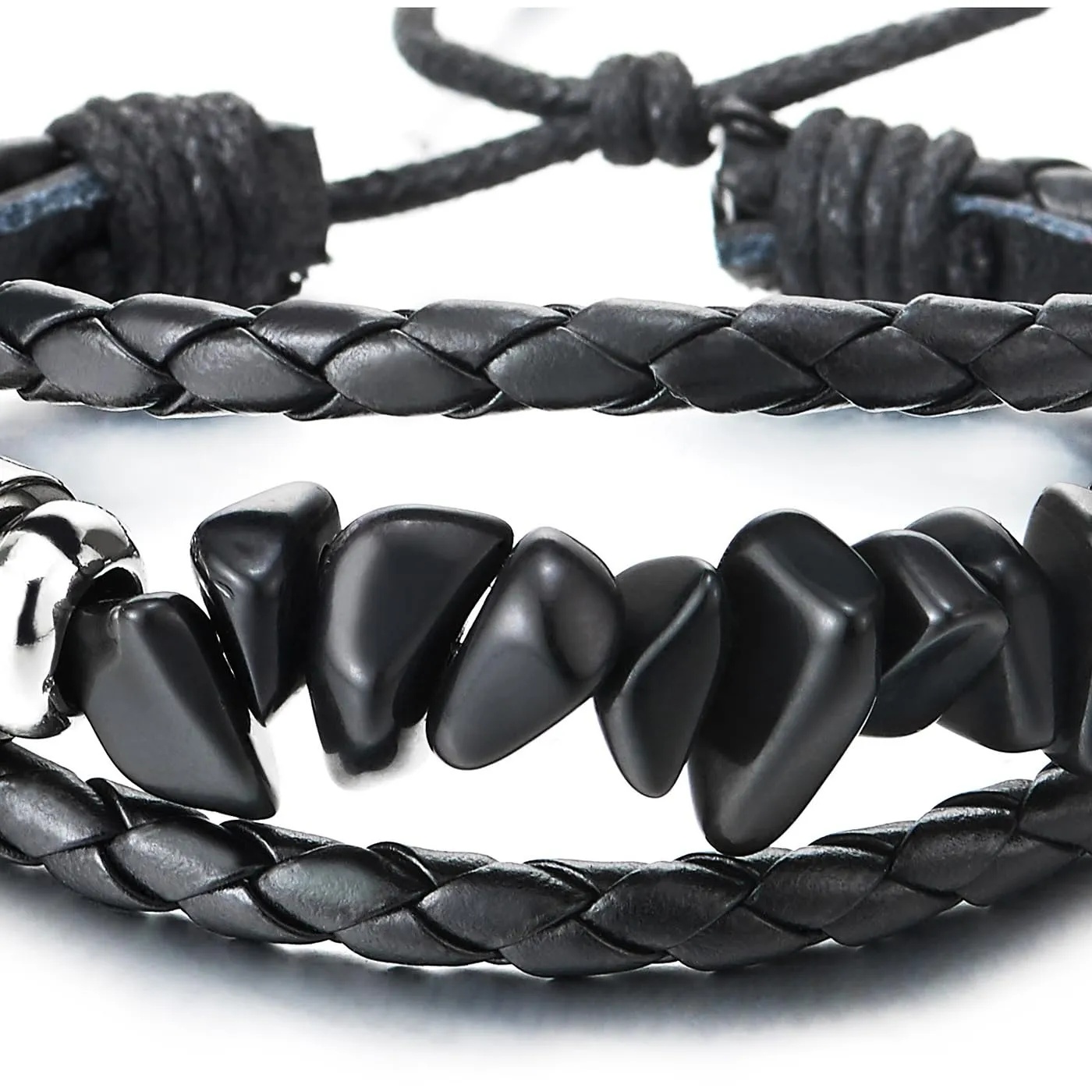 COOLSTEELANDBEYOND Black Leather Charm Bracelet with Bead Strings Multi-Strand Mens Womens Wrap Bracelet Wristband