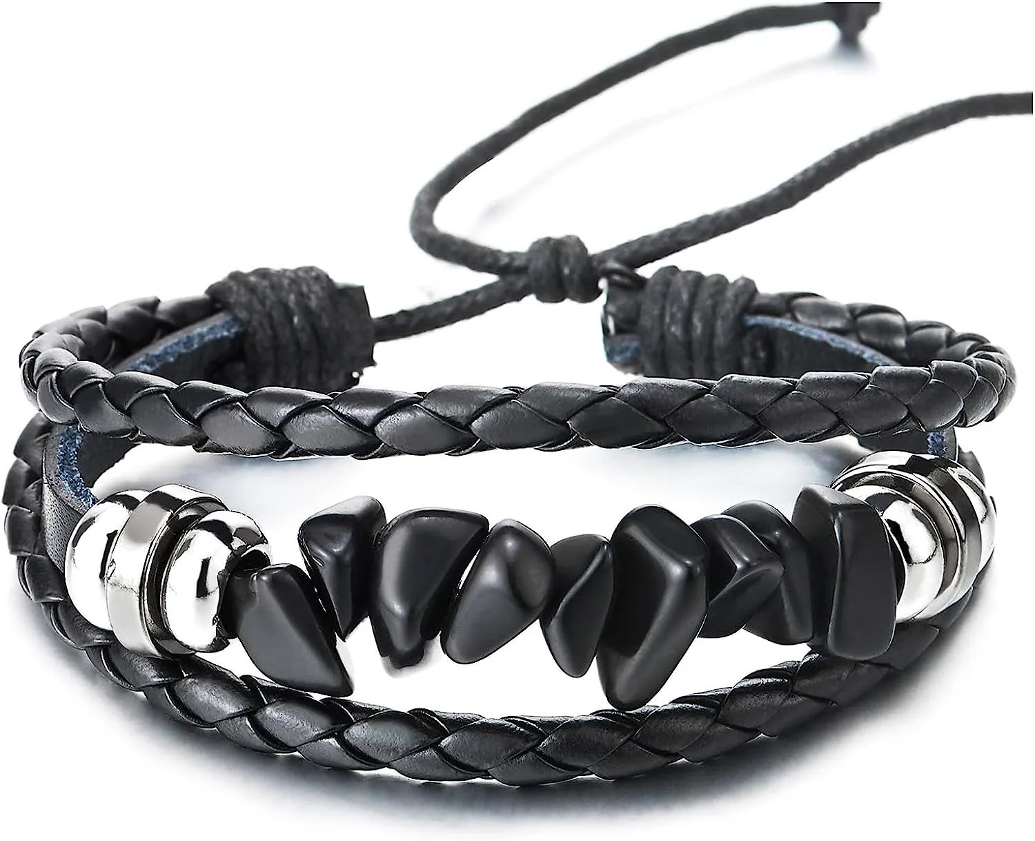 COOLSTEELANDBEYOND Black Leather Charm Bracelet with Bead Strings Multi-Strand Mens Womens Wrap Bracelet Wristband