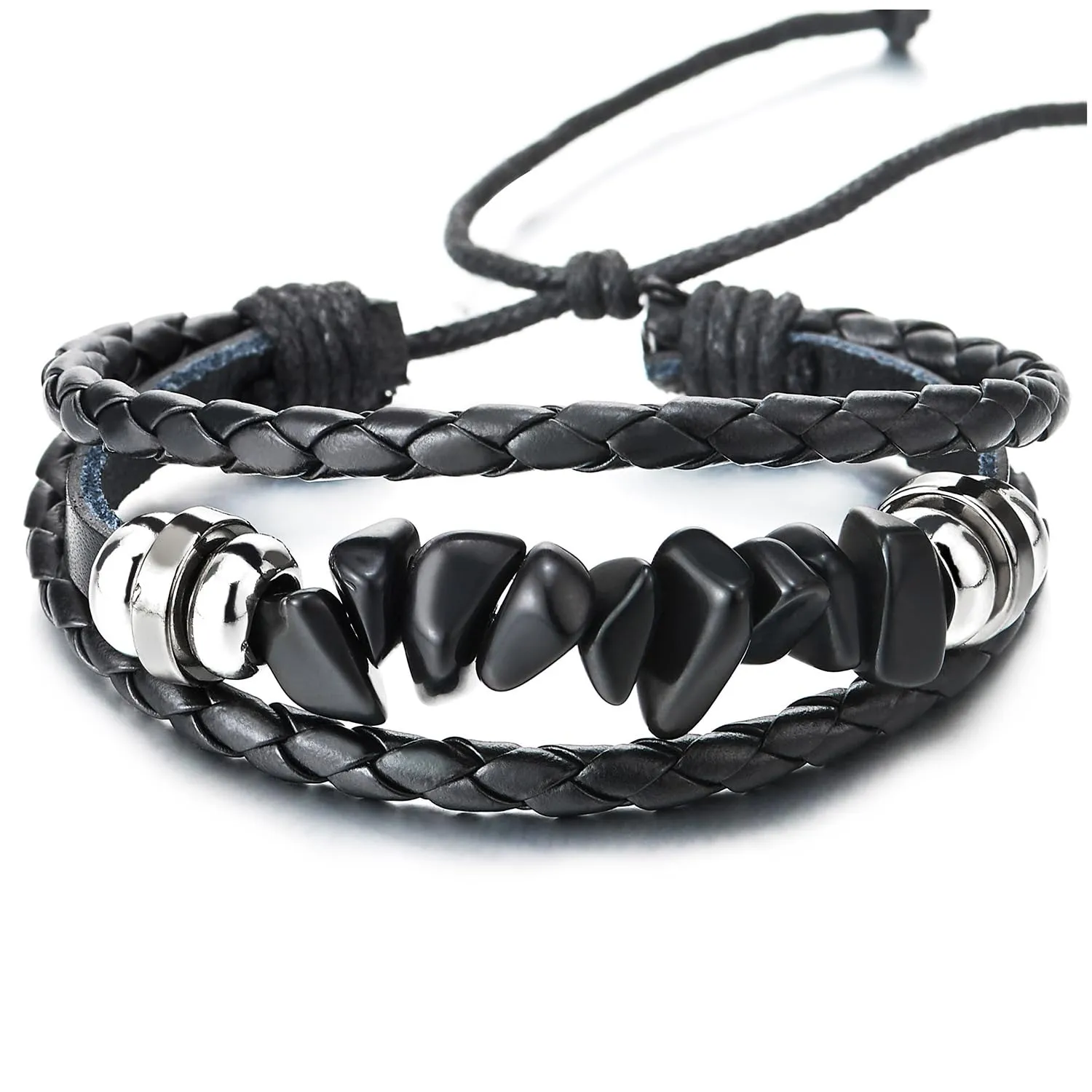 COOLSTEELANDBEYOND Black Leather Charm Bracelet with Bead Strings Multi-Strand Mens Womens Wrap Bracelet Wristband