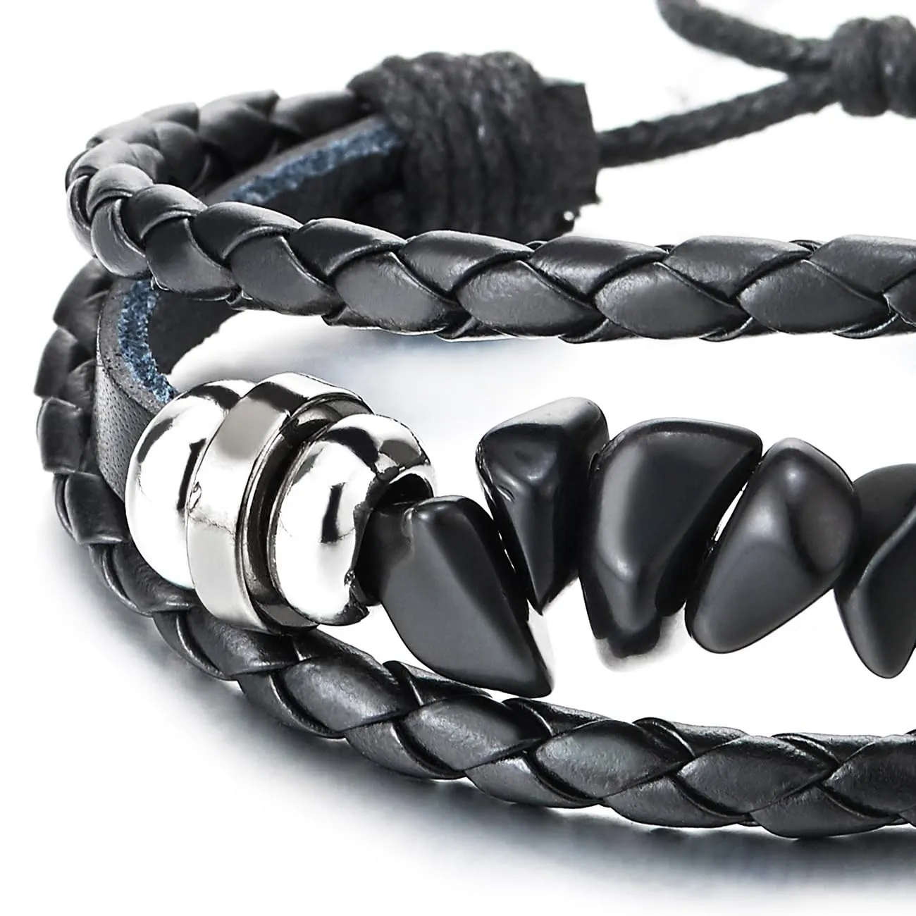 COOLSTEELANDBEYOND Black Leather Charm Bracelet with Bead Strings Multi-Strand Mens Womens Wrap Bracelet Wristband