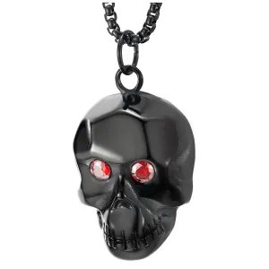 COOLSTEELANDBEYOND Black Skull Pendant Necklace with Red Cubic Zirconia, for Men Women, Stainless Steel, 30 inch Chain