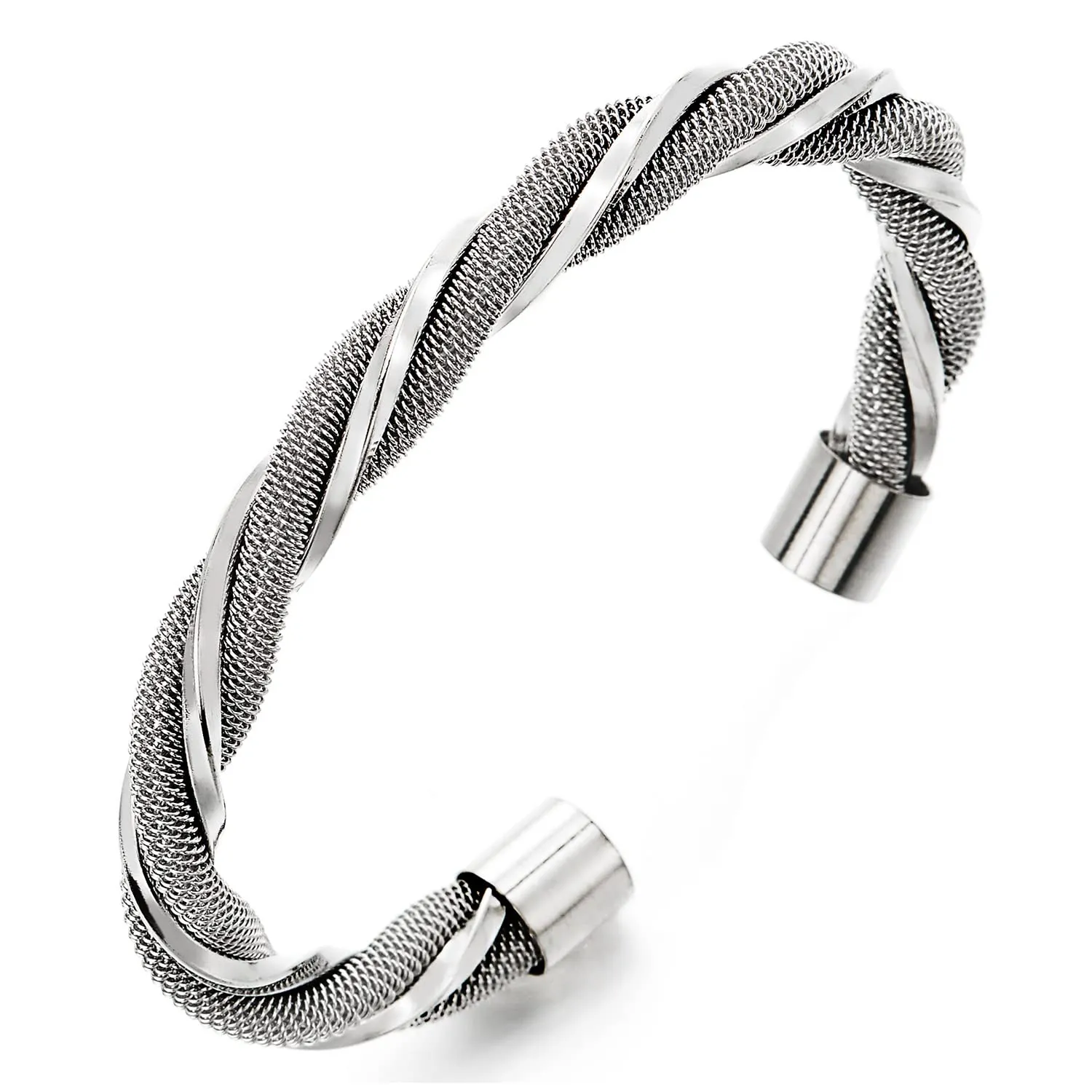 COOLSTEELANDBEYOND Stainless Steel Cable Cuff Bracelet for Men Women, Interwoven Twisted Cable Bangle, Elastic Adjustable