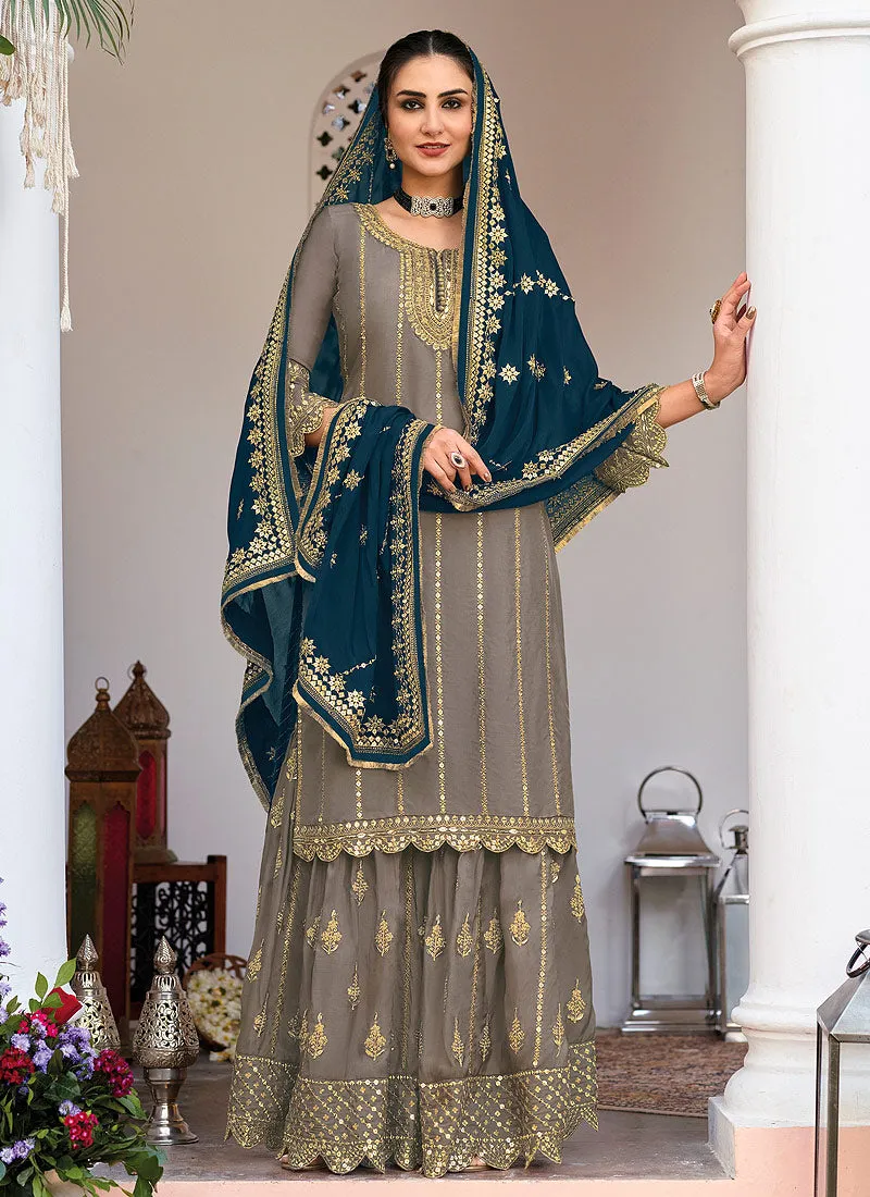 Copper And Blue Zari Embroidered Traditional Gharara Style Suit