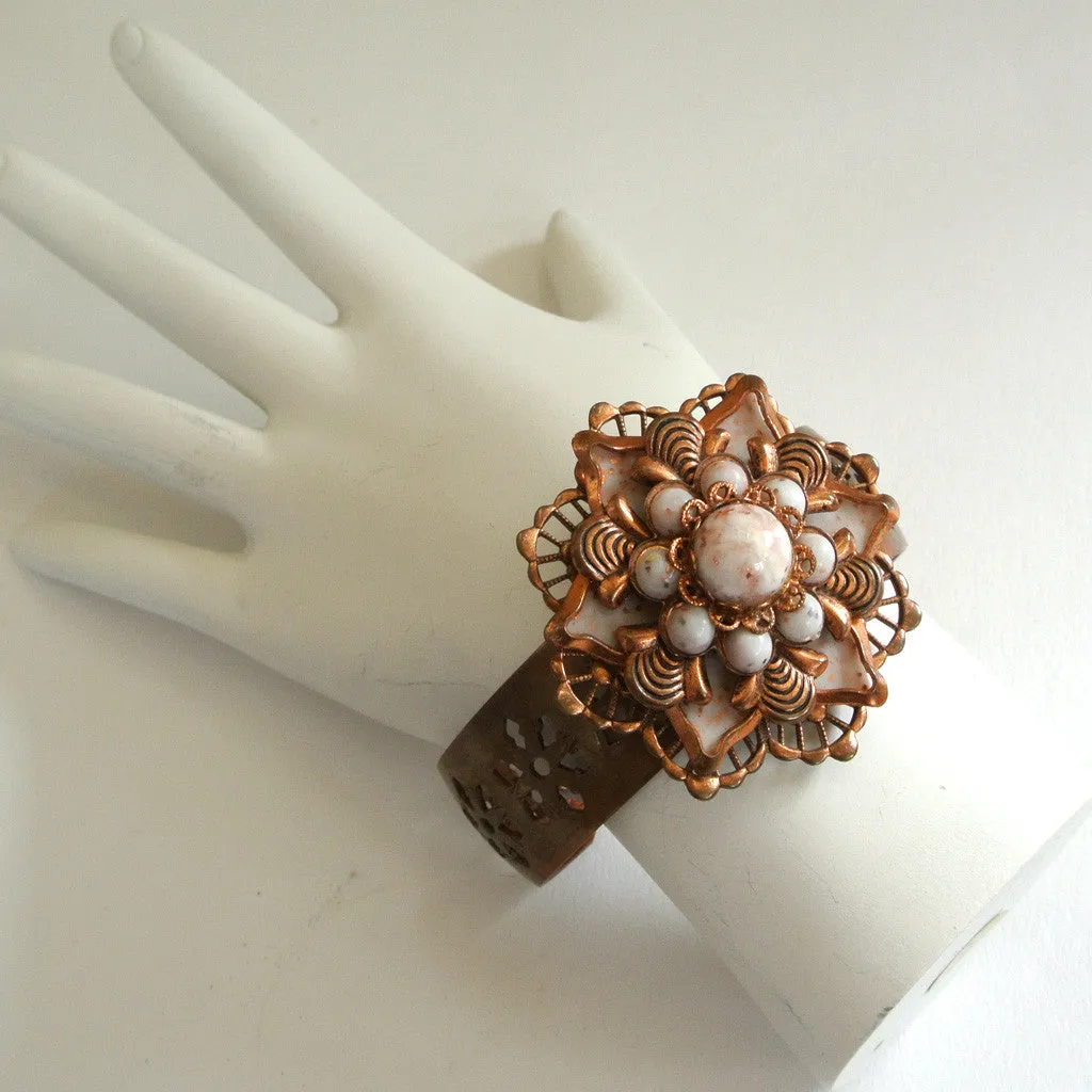 Copper and Glass Bead Floral Cuff Bracelet