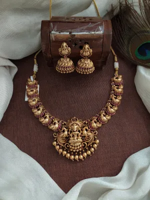 Copper Antique Nagas Work Lakshmi Necklace With Divine Radiance