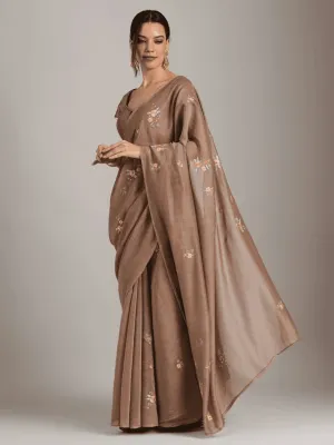 Copper Brown Embroidered Chanderi Saree