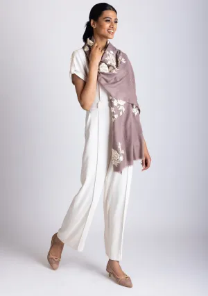 Copper Cashmere Scarf with Ivory Beige Floral Embroidery