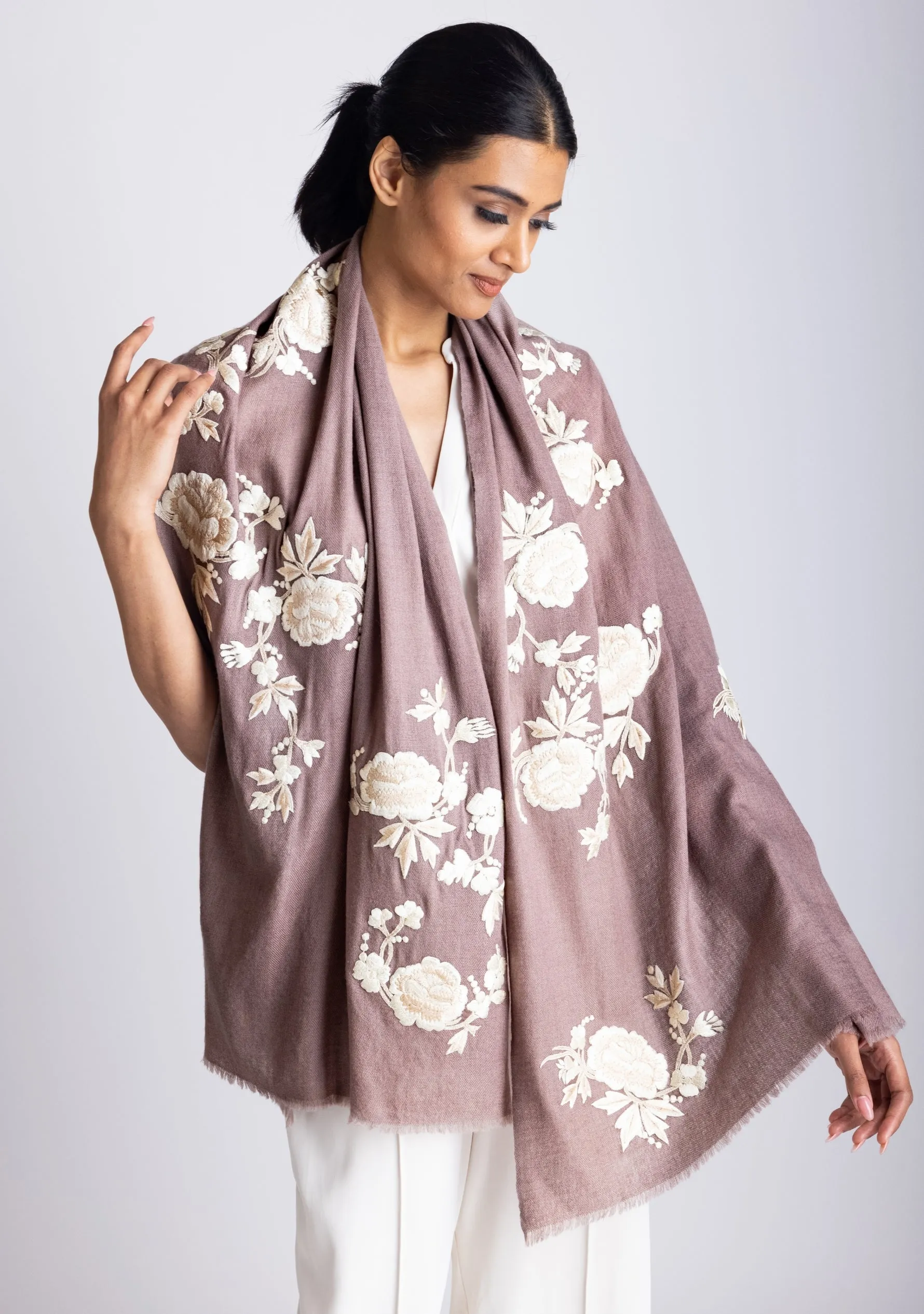 Copper Cashmere Scarf with Ivory Beige Floral Embroidery