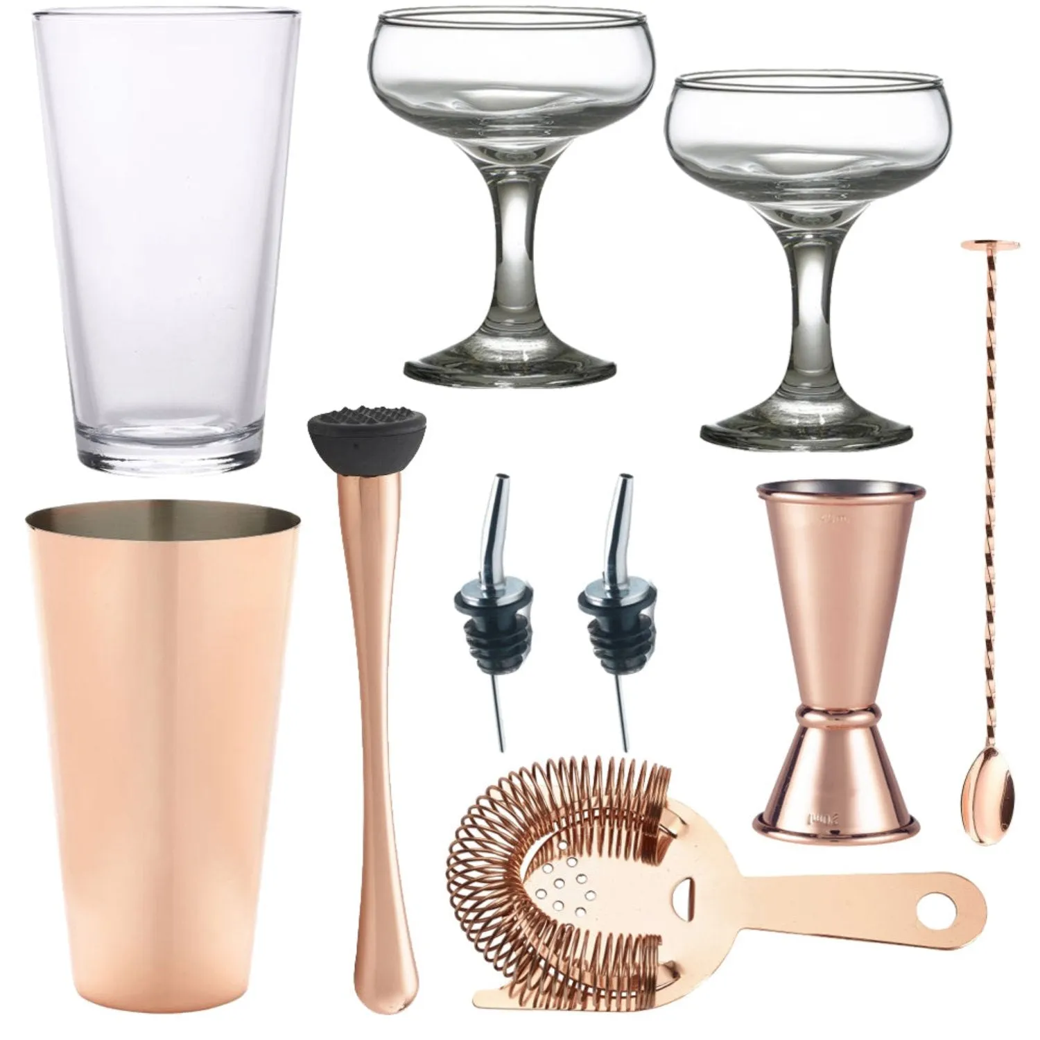 Copper Cocktail Set With Cocktail Coupe Glasses - 10 Piece