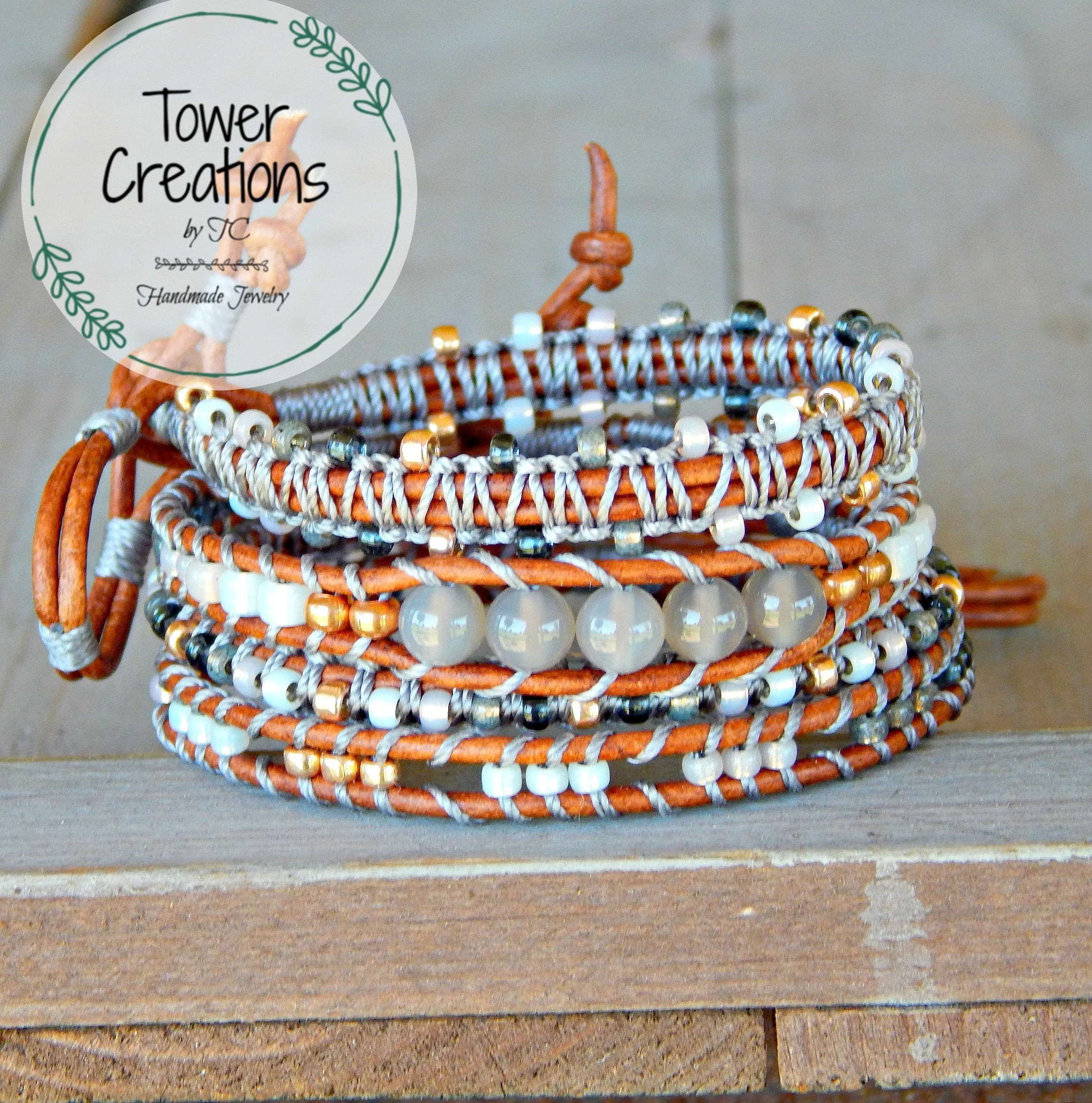 Copper Navy Gray Side beaded Macrame Woven Leather Stack bracelet