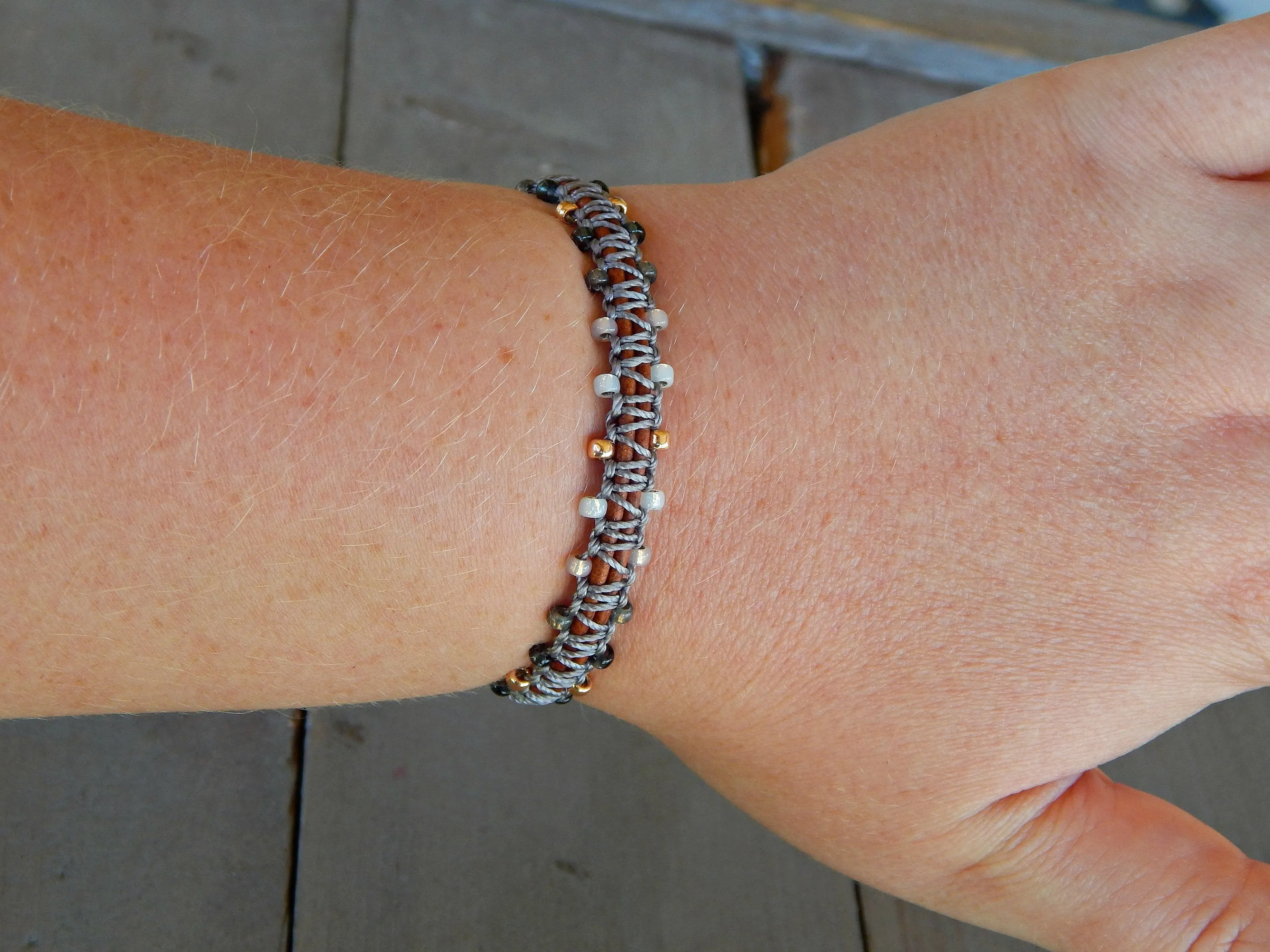 Copper Navy Gray Side beaded Macrame Woven Leather Stack bracelet