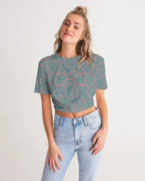 Coral & Teal Tribal Lines  Women's Twist-Front Cropped Tee