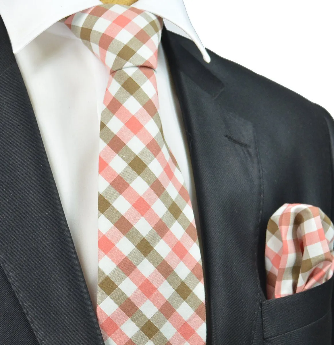 Coral and Tan Checkered Cotton Necktie