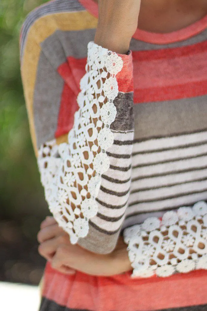 Coral and Yellow Top with Crochet Sleeves