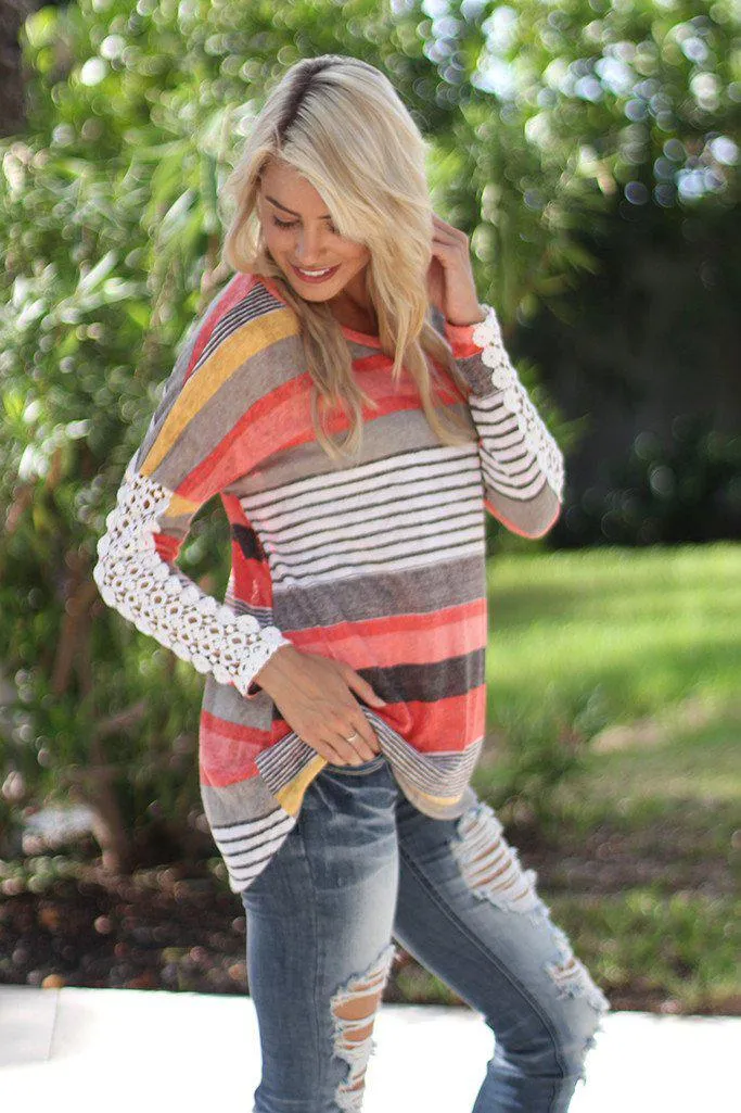 Coral and Yellow Top with Crochet Sleeves