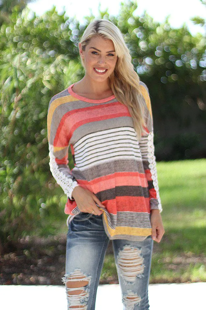 Coral and Yellow Top with Crochet Sleeves