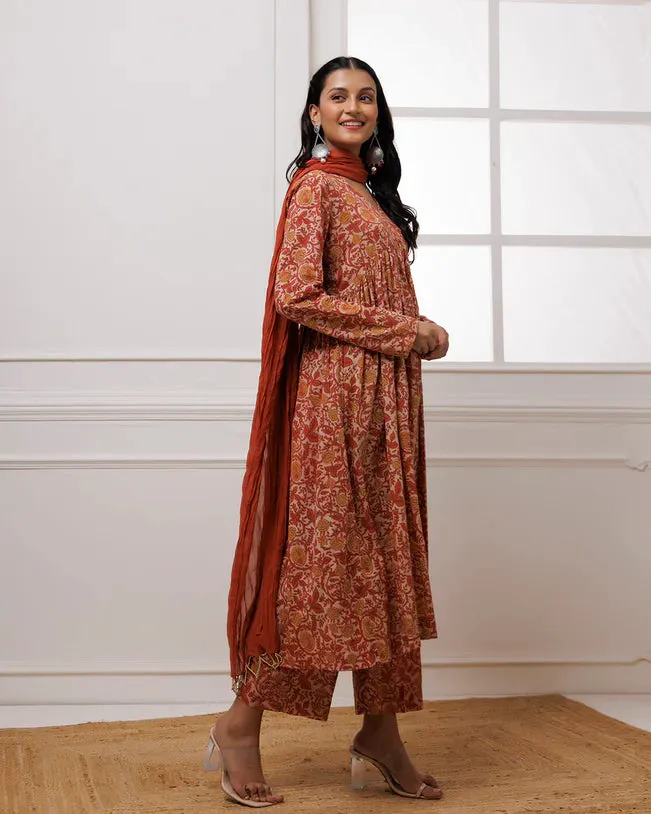 Coral Block Printed Suit Set With Dupatta