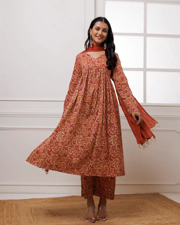 Coral Block Printed Suit Set With Dupatta