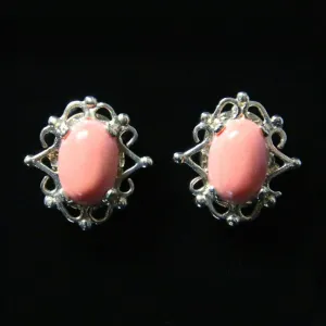 Coral Gold Stud Earrings Filligree Setting