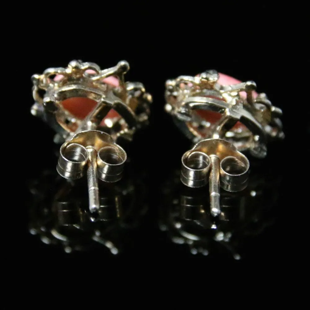 Coral Gold Stud Earrings Filligree Setting