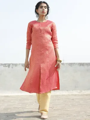 Coral Golden Brocade Princess Line Kurta With Front Slit - 125F001