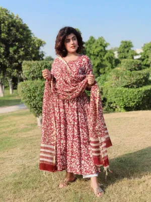 Coral Maroon Handblock Floral Printed Suit set