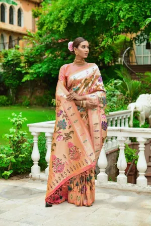 Coral Peach Floral Banarasi Silk  Saree