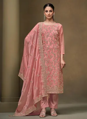 Coral Pink Multi Embroidered Pakistani Pant Style Suit