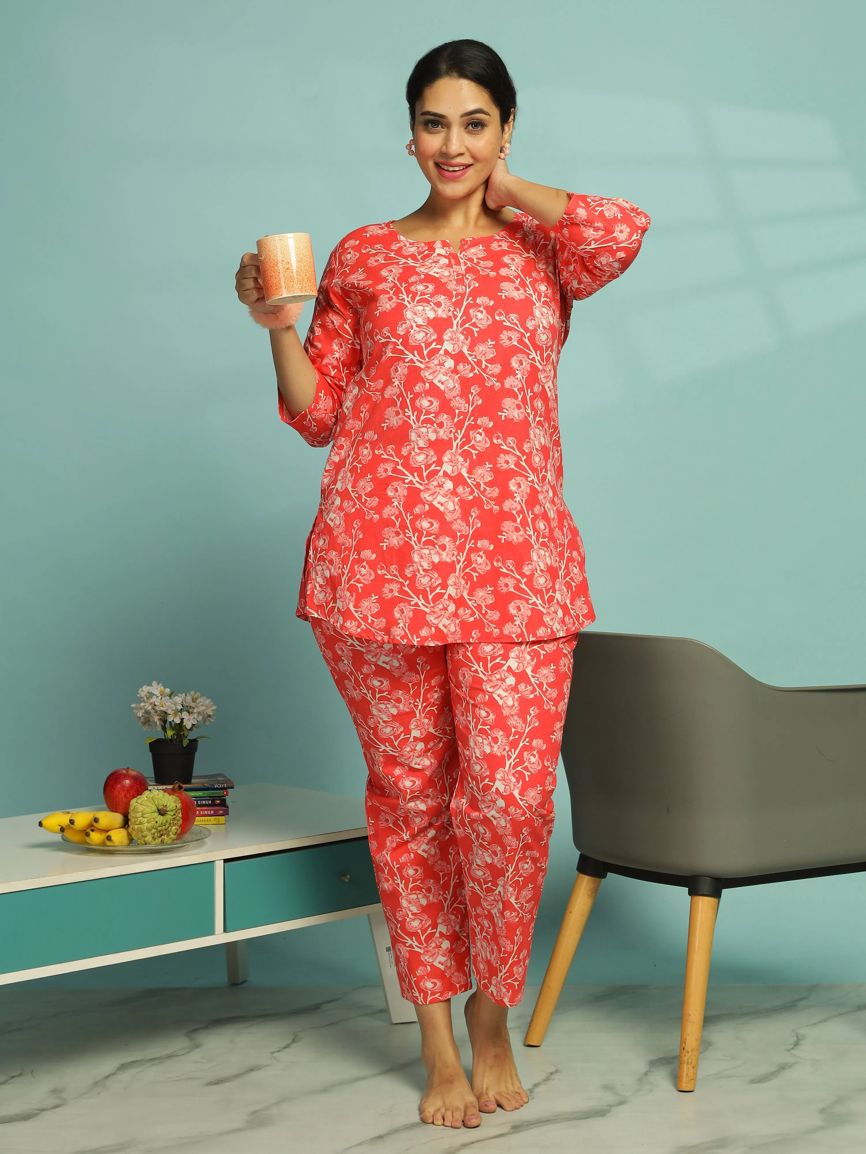 Coral Pink Pure Cotton Floral Pyjama Set for Women With Relaxed Fit