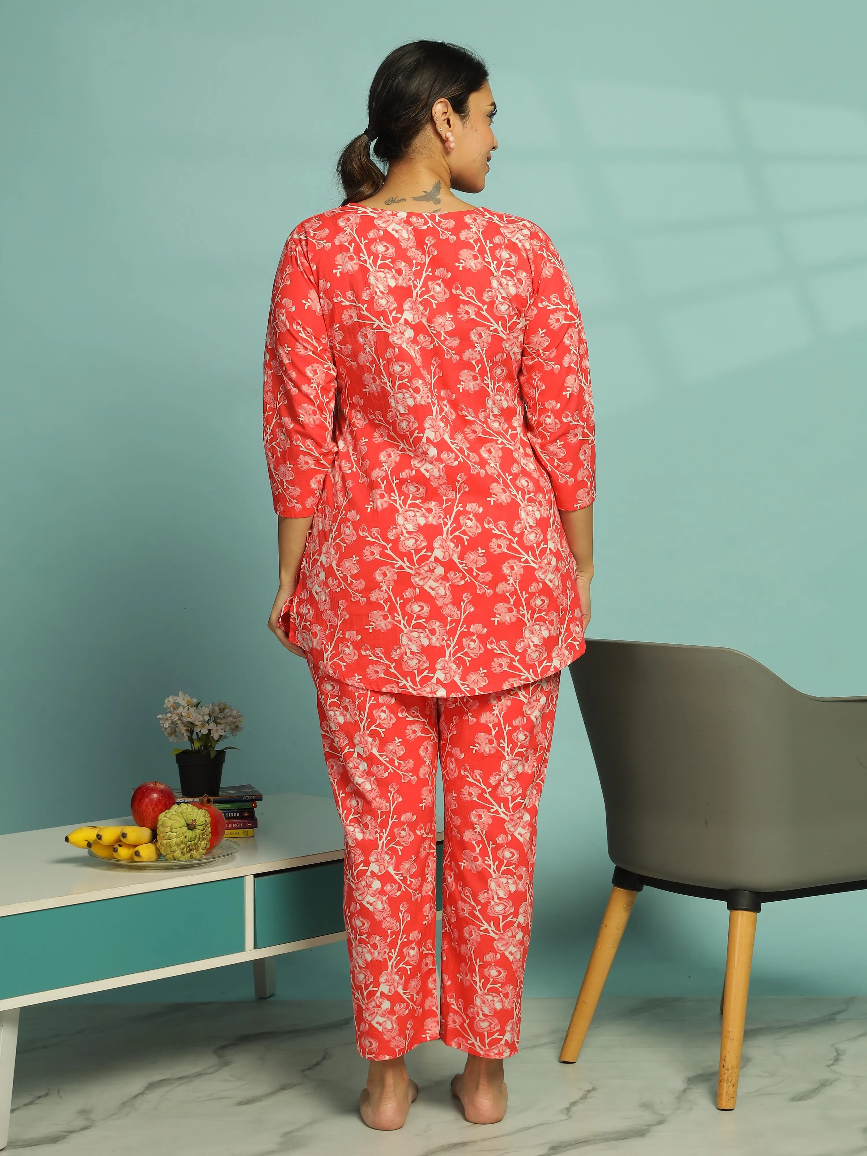 Coral Pink Pure Cotton Floral Pyjama Set for Women With Relaxed Fit