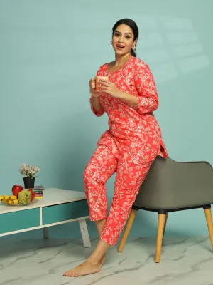 Coral Pink Pure Cotton Floral Pyjama Set for Women With Relaxed Fit