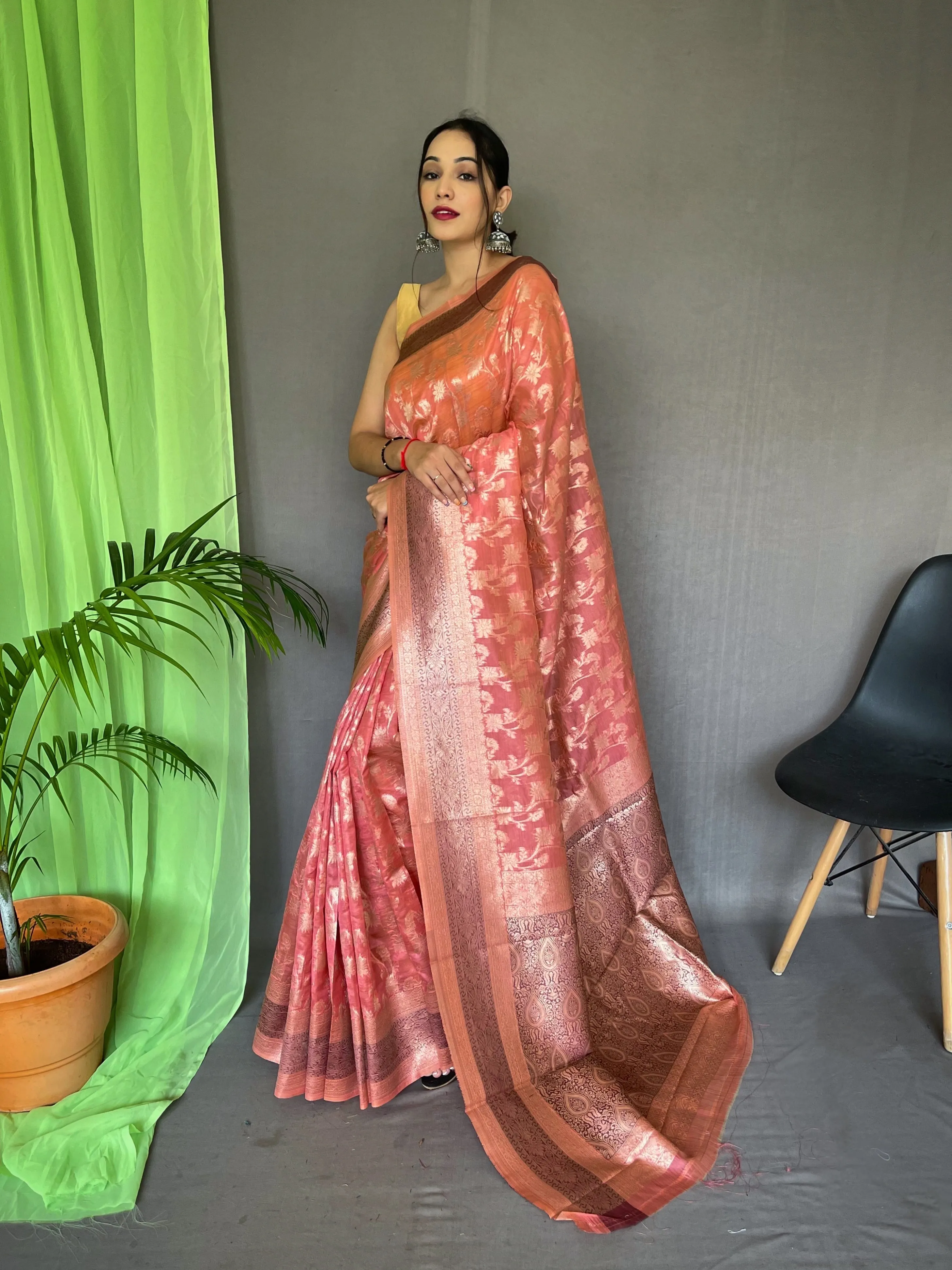 Coral Pink Saree in Organza Silk