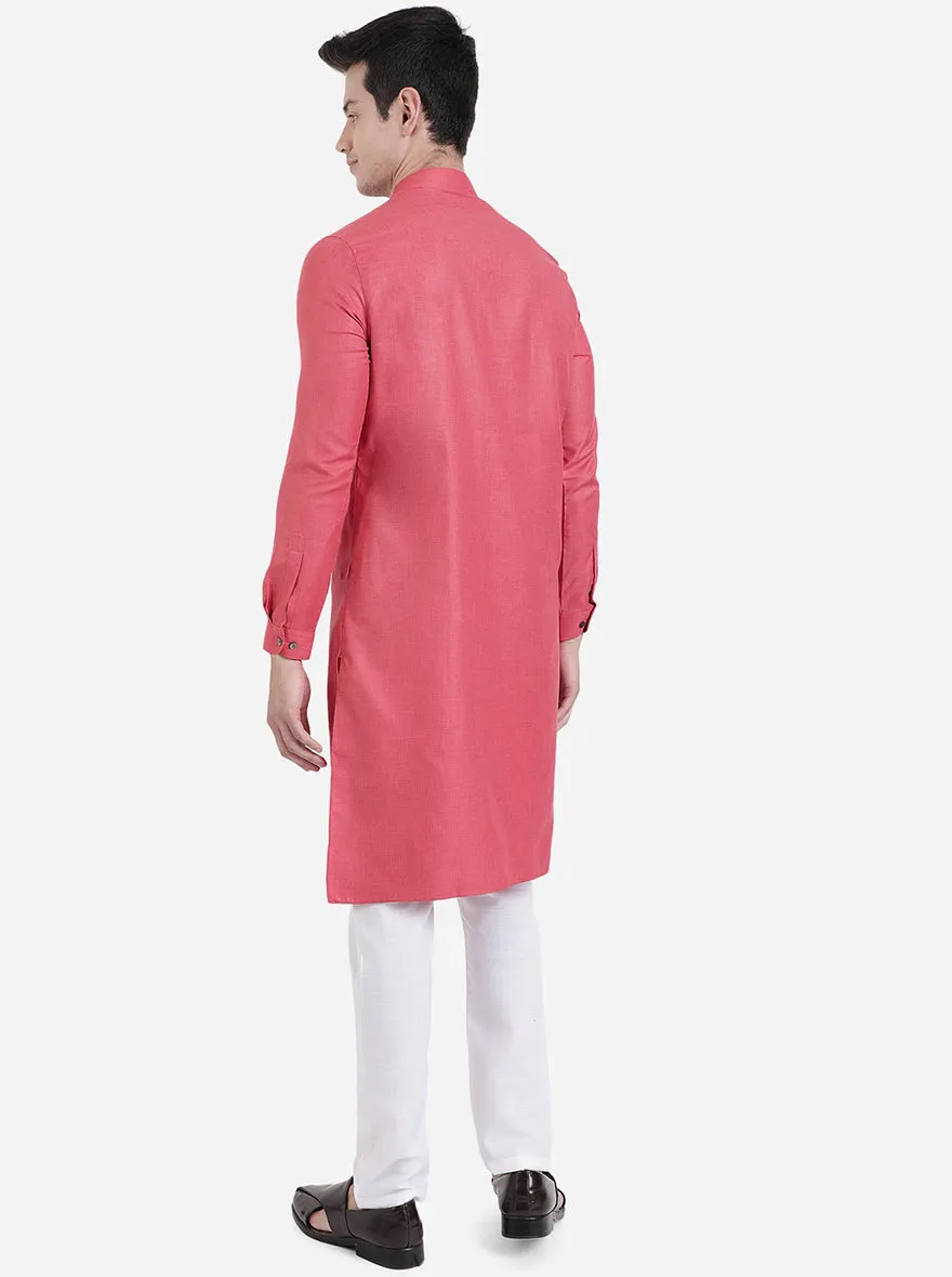 Coral Pink Solid Regular Fit Modi Kurta | JadeBlue