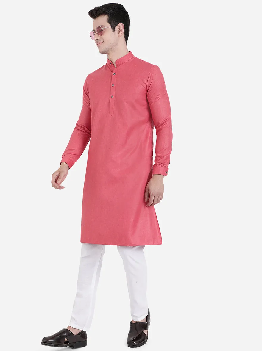 Coral Pink Solid Regular Fit Modi Kurta | JadeBlue