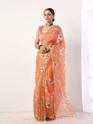 Coral Printed Organza Saree With Coral Blouse (Set of 2)