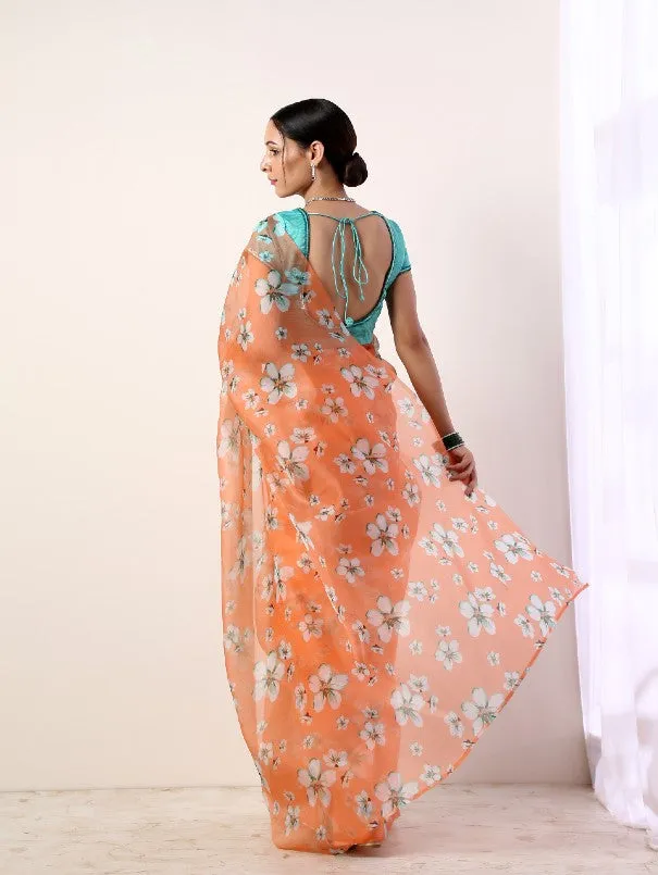 Coral Printed Organza Saree With Teal Blouse (Set of 2)