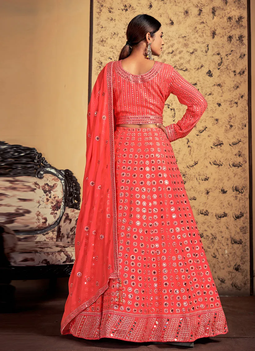 Coral Red Art Silk Readymade Lehenga Choli