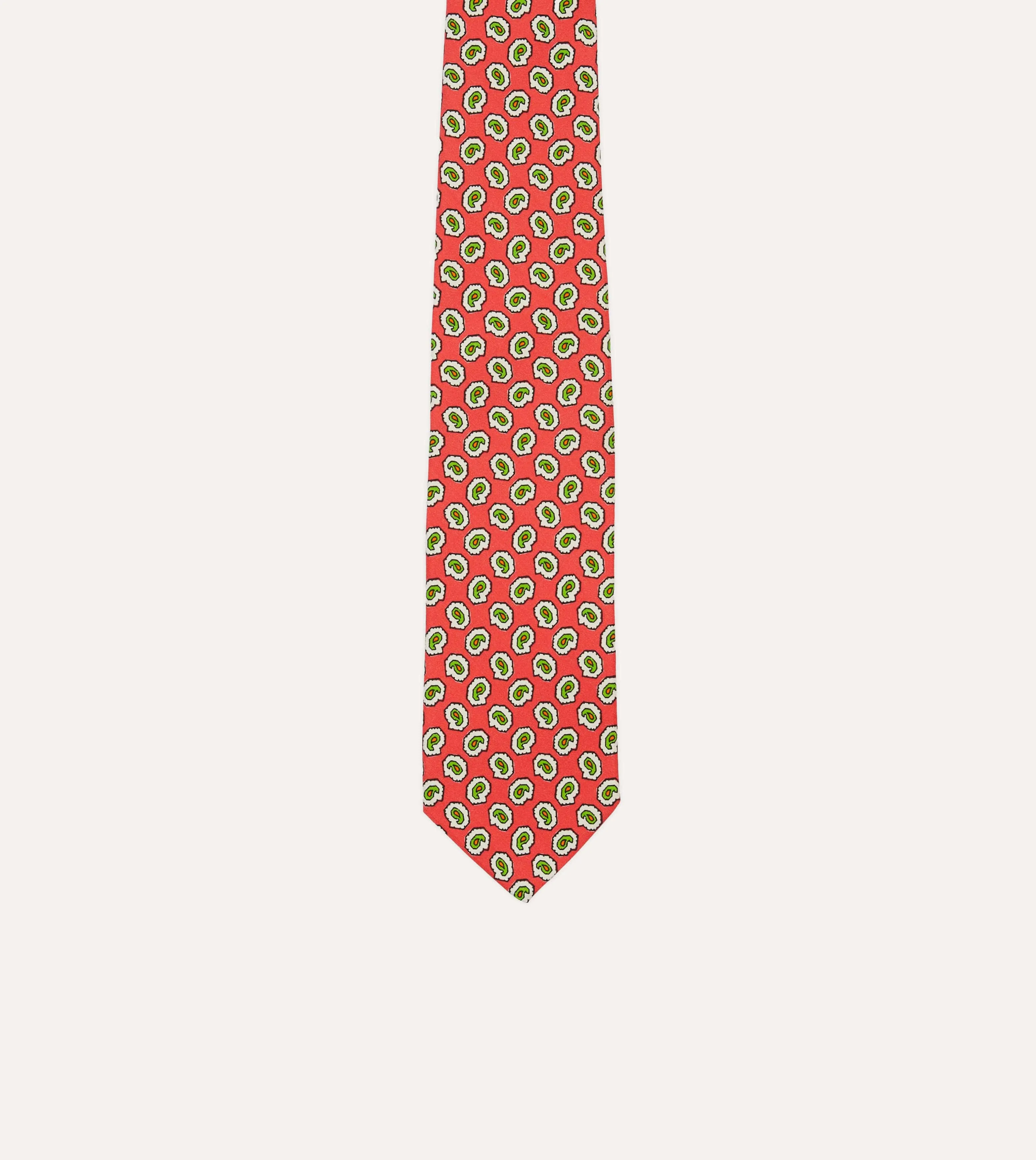 Coral Small Paisley Leaf Print Silk Self Tipped Tie