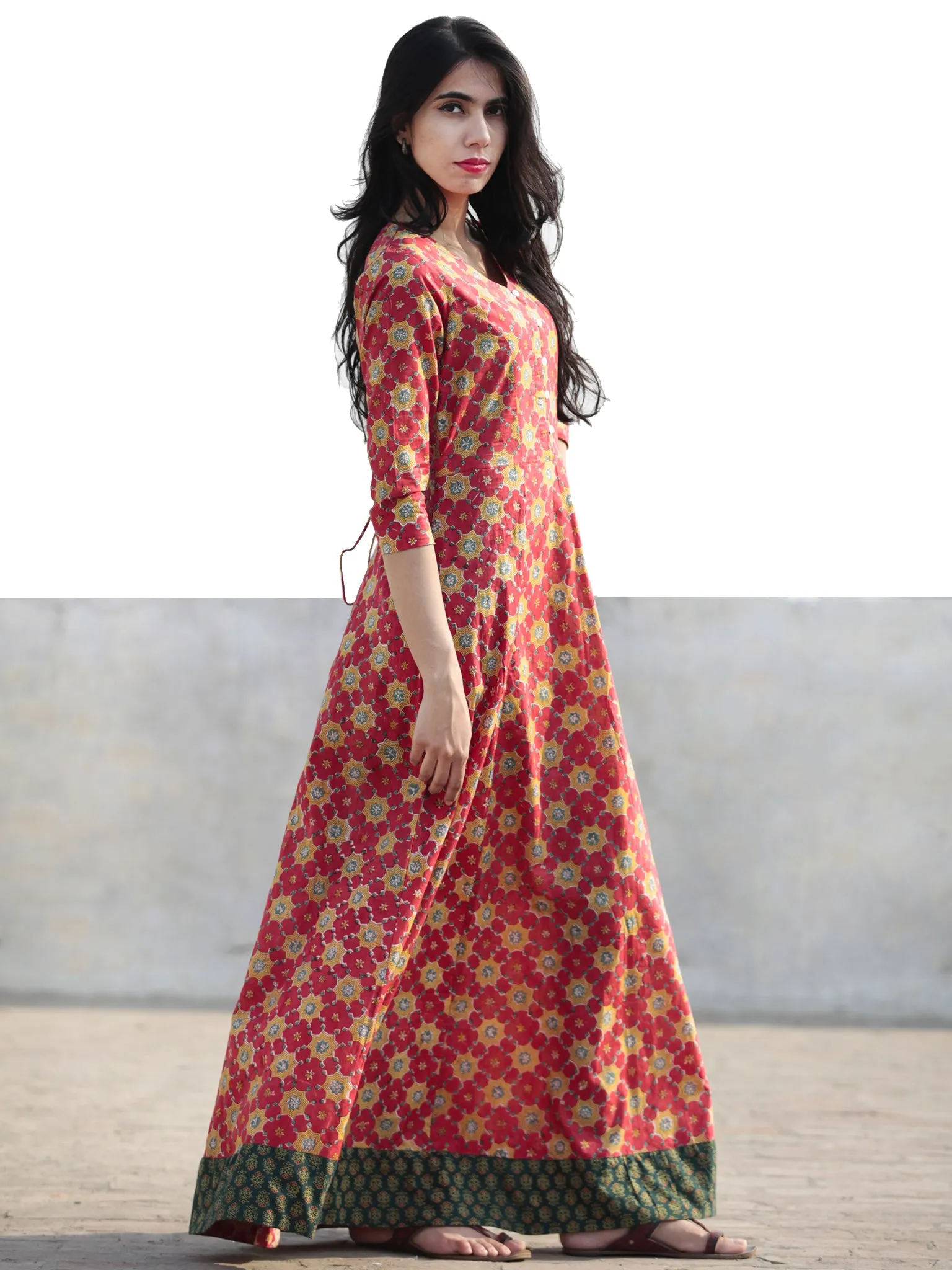 Coral Yellow Green Hand Block Printed Cotton Long Dress With Tie-Up Back Waist - D162F1092