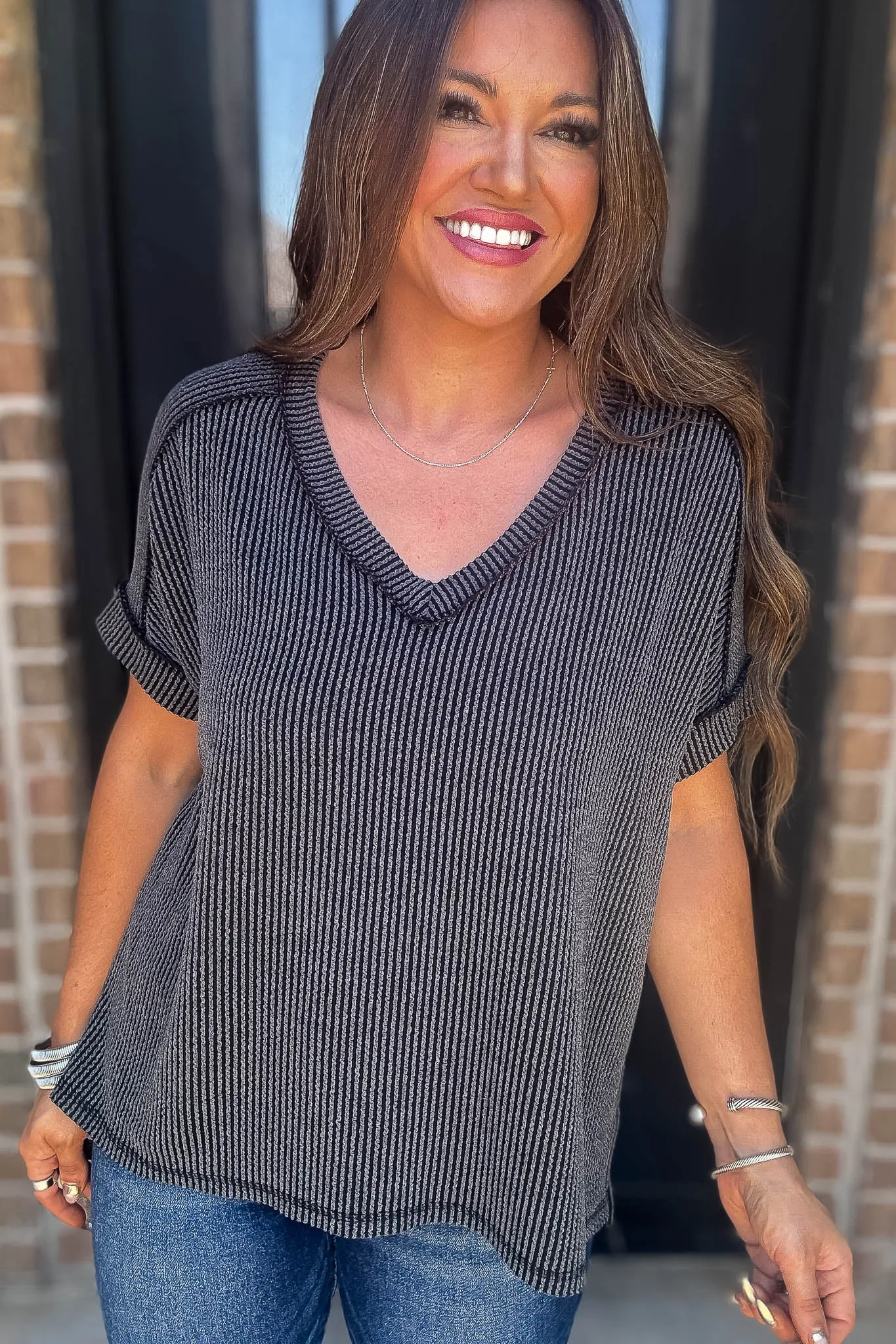 Corded Charcoal Rib Short Sleeve Hi-Low V Neck Top