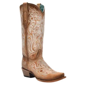 CORRAL WOMEN'S BLUE LUMINESCENT EMBROIDER CRACKLED STRAW SNIP TOE WESTERN BOOT - C4144