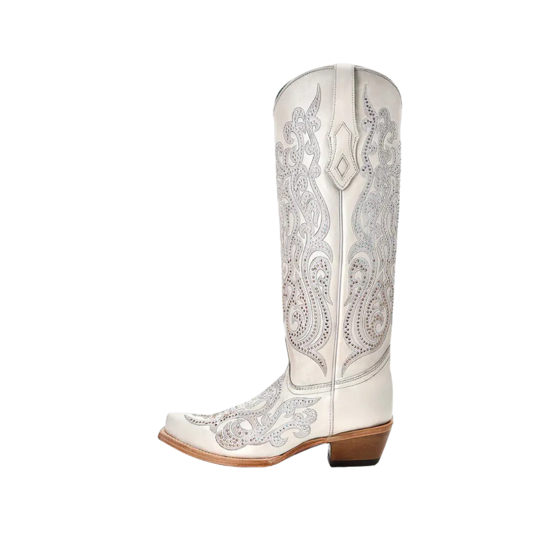 Corral Women's Cowboy Overlay With Crystals Tall Top Snip Toe White Boot