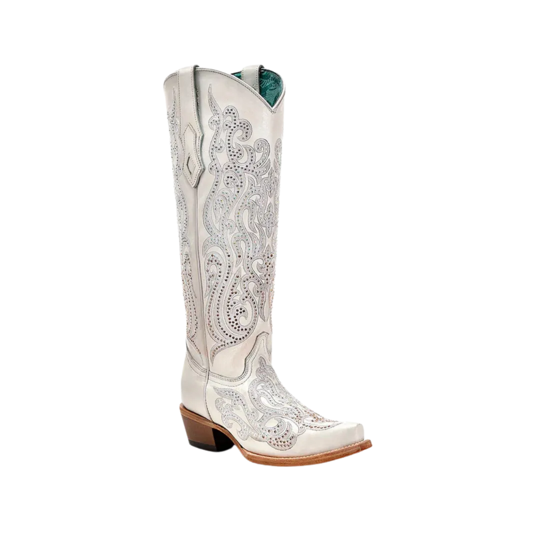 Corral Women's Cowboy Overlay With Crystals Tall Top Snip Toe White Boot