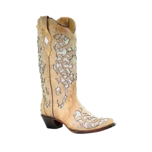 Corral Women's Glitter Inlay Embroidery Studs and Crystals Beige Boots