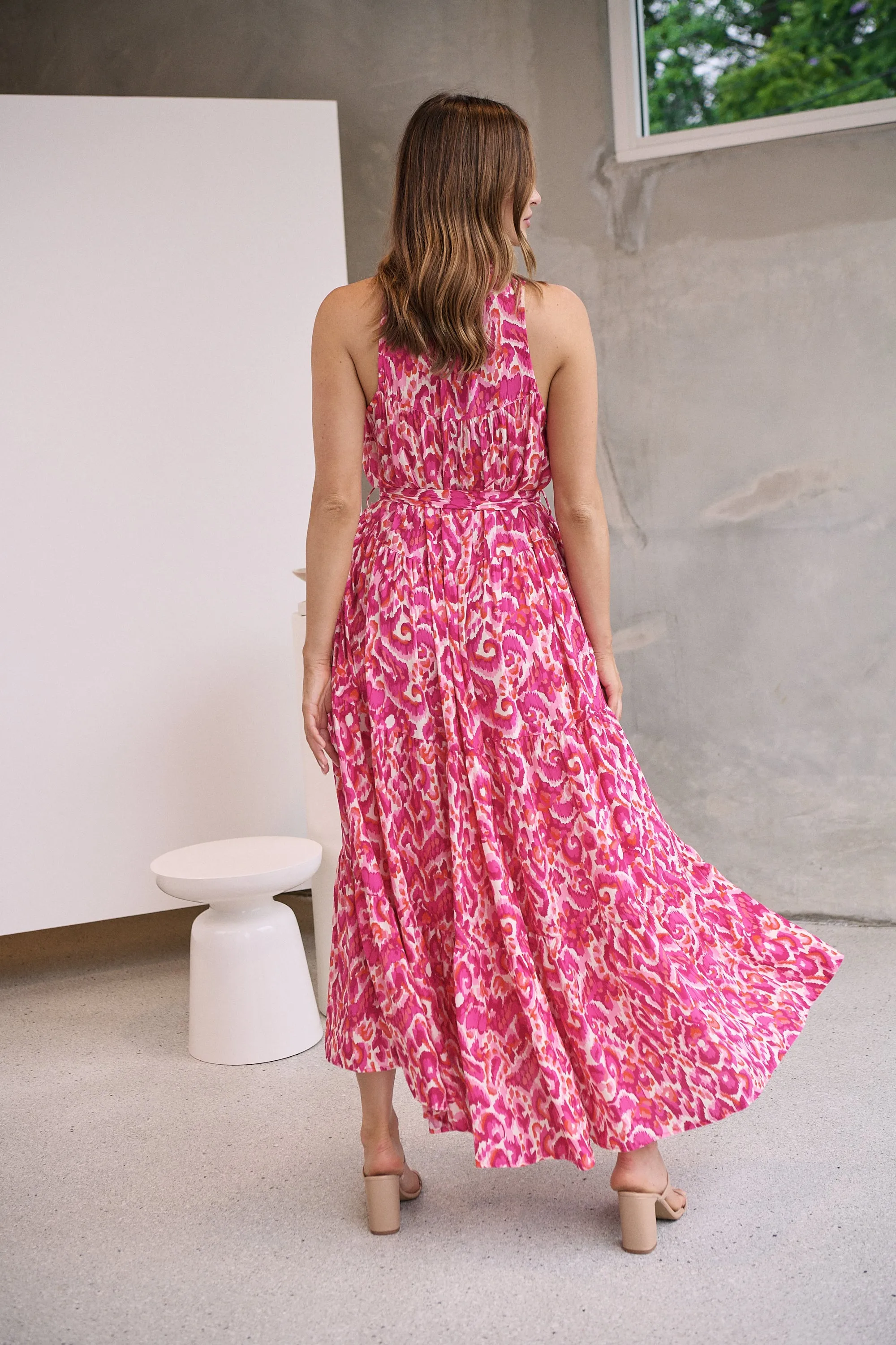 Cosima Long Pink/Orange Print Collared Maxi Dress